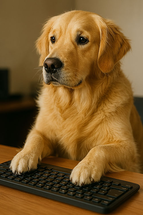 Ein Hund, der an einer Tastatur sitzt und schreibt